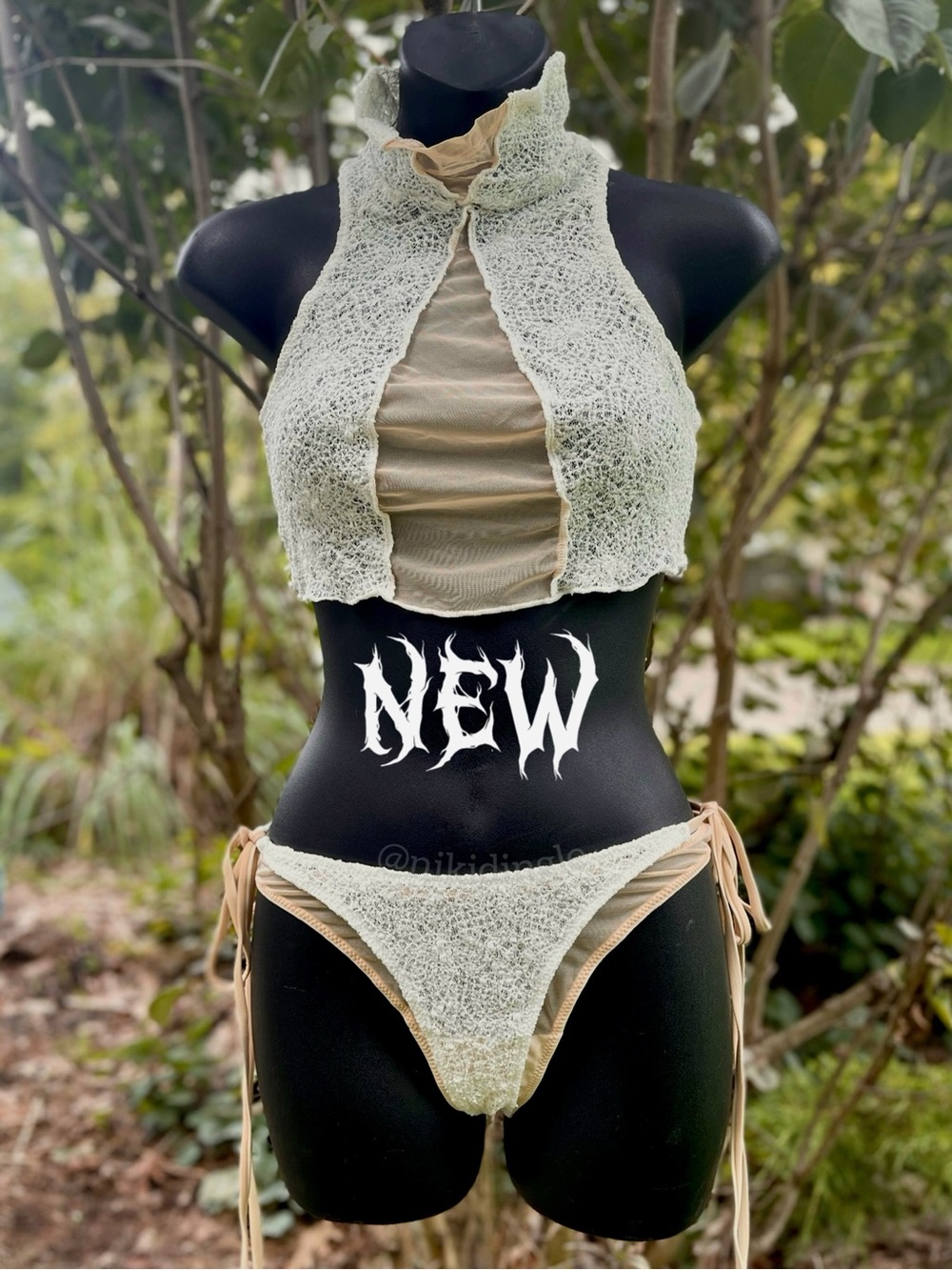 Dolls Kill Club Exx Halter Lettuce Lace set Mesh Two Piece Bikini Frill Neck S